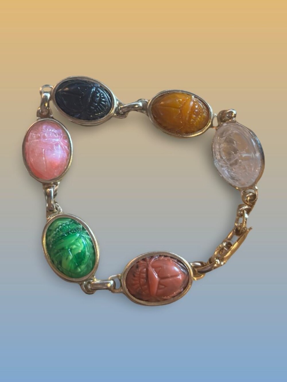 Scarab Beetle Link Bracelet With MultiColored Gemstone Settings Egyptian Revival